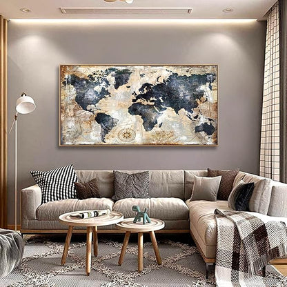 Framed Wall Art for living Room World Map Wall Art Print - Map Picture for Office Bedroom Wall Decor Travel Memory Nautical Map Decor Canvas Artwork 30 x 58 inch Ready to Hang