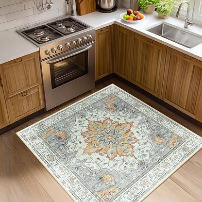 RELEANY Area Rugs Square 4ft Washable Non-Slip, Floral Vintage Distress Print Pattern Medallion Carpet for Living Room Bedroom Dining Room, Light Yellow Carbon Grey Orange