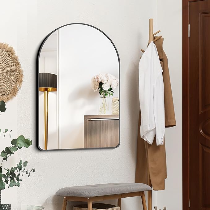 FORBATH Arched Bathroom Mirror 26x38 Inch, Bathroom Mirror Wall Mounted Modern Black Aluminum Alloy Frame Decor Dresser Mirror for Bedroom Living Room Entryway, Hanging or Leaning Against Wall