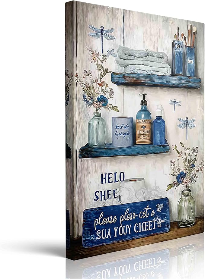 Navy Blue Bathroom Decor Wall Art Rustic Blue Bathroom Canvas Wall Decor Please Seat Yourself Sign Print Painting Vintage Aesthetic Picture Artwork Decor 12x16 Inches