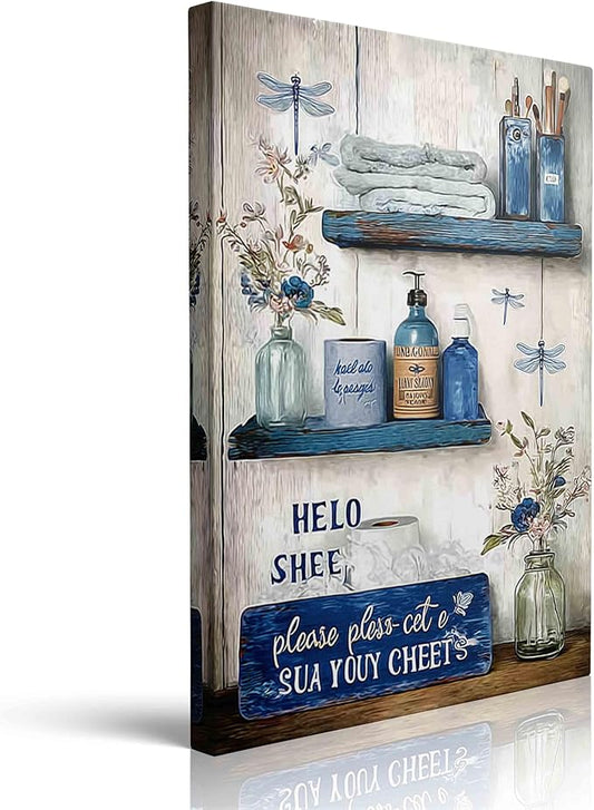 Navy Blue Bathroom Decor Wall Art Rustic Blue Bathroom Canvas Wall Decor Please Seat Yourself Sign Print Painting Vintage Aesthetic Picture Artwork Decor 12x16 Inches
