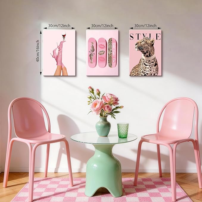 WENGTIAO 3Pcs Pink Leopard Canvas Wall Art Fashion Cheetah Paintings Prints Lucky Skateboard Pictures Boots Martini Posters Decor Coquette Preppy Aesthetic Artwork for Living Room Bedroom 12x16x3 inch