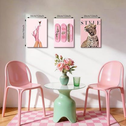WENGTIAO 3Pcs Pink Leopard Canvas Wall Art Fashion Cheetah Paintings Prints Lucky Skateboard Pictures Boots Martini Posters Decor Coquette Preppy Aesthetic Artwork for Living Room Bedroom 12x16x3 inch