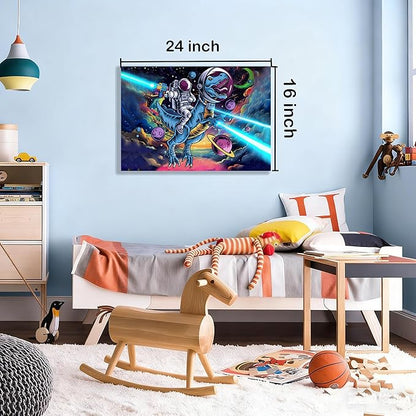 16x24 Space Astronaut Dinosour Star Wars Canvas Wall Art Watercolor Framed Prints Teen Boy T-Rax in Galaxy Cosmic Home Decor Painting Kids Bedroom Picture Child Room Funny Poster Kids Bathroom Photo