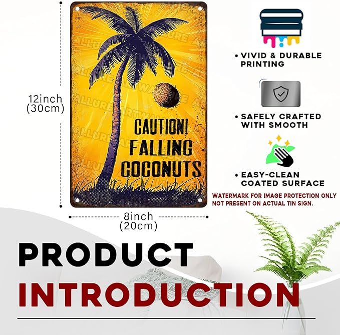 Coconuts Vintage Sign Caution! Falling Coconuts Metal Tin Sign for Lounge Welcome Pool Hot Tub Happy Hour Island Décor 8x12inch
