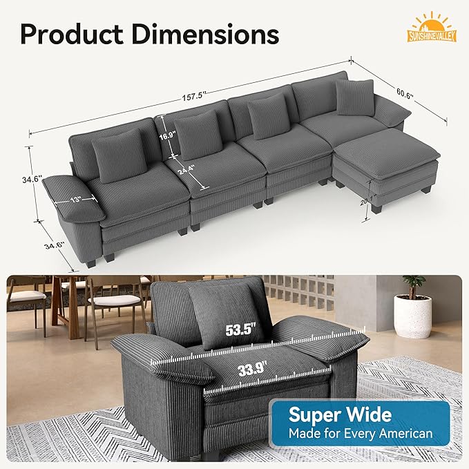 SUNSHINE VALLEY L Shaped Modular Cloud Couch, 157.5'' Oversized Corduroy Sectional Sofa with Wider Armrest and Ottoman, Upholstered 5-Seat Modern Deep Seat for Bedroom Living Room, Grey
