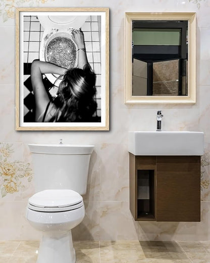 EcoHest Trendy After the Disco Party Framed Wall Art, Large 16x20 in OAK Wood Black and White Funny Bathroom Canvas Art, Teen Girl Poster College Dorm Decor, Set of 1 for Bedroom Living Room
