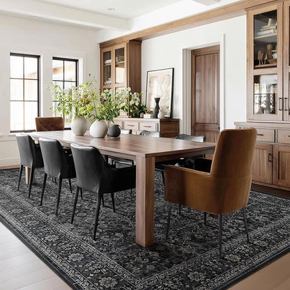 Dark Big Rug 10x12, Vintage Carpet Large Size 10x12 for Living Room Bedroom, Washable Non Slip Low Pile Thin Room Rug for Dining Room Family Room, Farmhouse Earth Tone Midnight