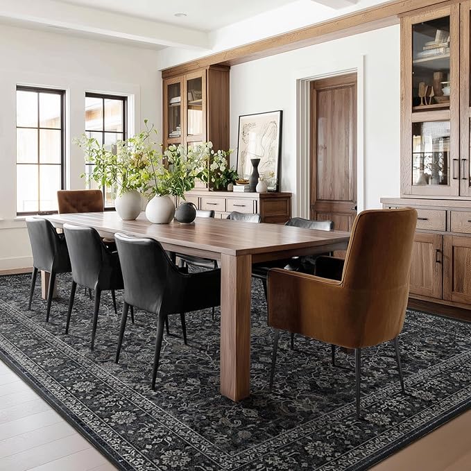 Large Rugs for Living Room 10x14, Vintage Dark Big Area Rug for Bedroom Dining Room, Washable Non Slip Low Pile Thin Room Rug for Dining Room Family Room, Farmhouse Earth Tone Midnight