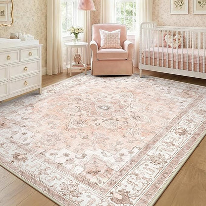 CAPALOCA Machine Washable Rugs Nursery Rug 9x12 Cute Girl Non Slip Low Pile Water Repellent Soft Print Pattern for Bedroom Indoor Decor Kids Playroom Pink