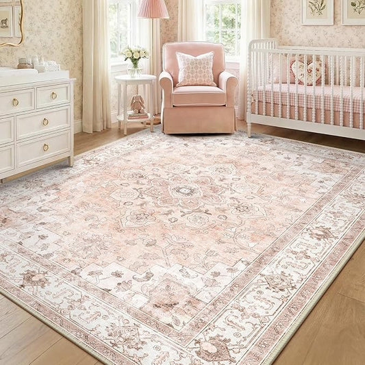 CAPALOCA Machine Washable Rugs Nursery Rug 7x9 Cute Girl Non Slip Low Pile Water Repellent Soft Print Pattern for Bedroom Indoor Decor Kids Playroom Pink
