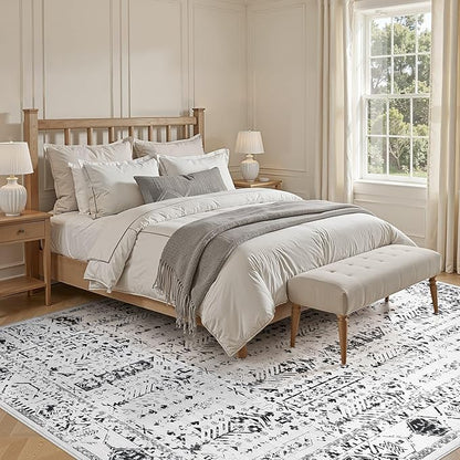 Area Rug for Living Room - 7x9 Soft Washable Oriental Vintage Floral Distressed Large Carpet - Fade Stain Resistant Non Slip Rugs for Bedroom Dining Room Nursery Dorm Office Home Decor - White Black