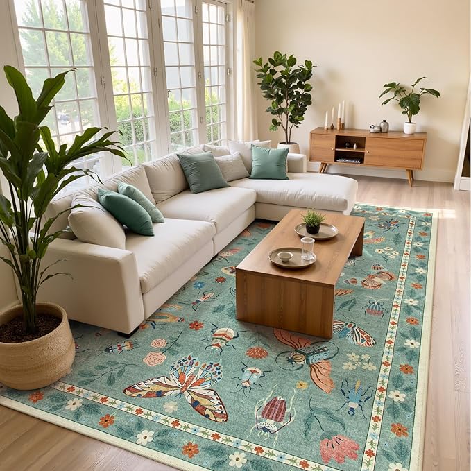Lahome Insect 9x12 Area Rugs for Living Room Bedroom, Soft Washable Rugs 9x12 Stain Resistant, Ultra-Thin Non-Slip Non-Shedding Accent Carpet for Dining Room Office Vionnet, Green