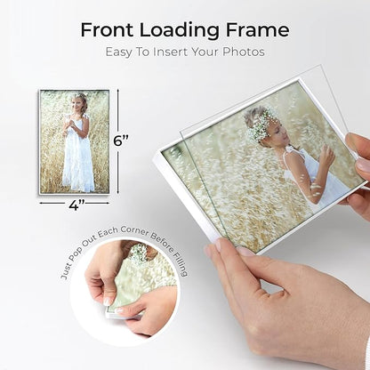 Mantello Front Loading White 4x6 Picture Frame - 4 x 6 Frame For Tabletop or Wall Decor - 4 by 6 White Picture Frames- 6 PACK
