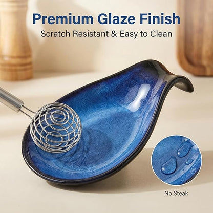 Nihow Ceramic Spoon Rest: 4 Inch Stable Utensil Rest - Heat Resistant Spoon Holder for Kitchen counter/Countertop/Stove Top - Dishwasher Safe - Elegant Blue (1 PC)