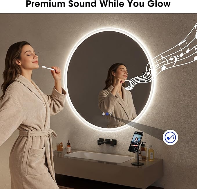 S·BAGNO 24’’ Round Led Bathroom Mirror with Lights, Backlit and Front Lighted, Anti-Fog Wall-Mounted Vanity Mirror 3000K/4000K/6500K, Dimmable Inside Bluetooth Speaker Smart Mirror