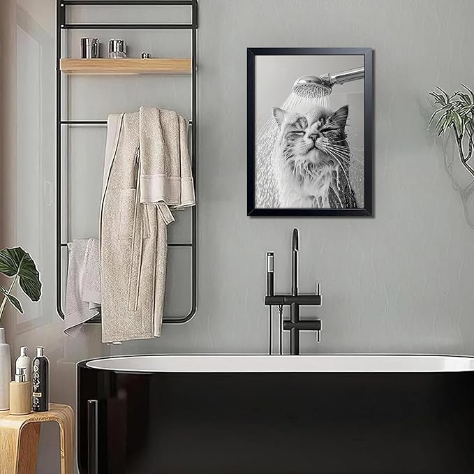 XYHYRA Cute Cat Bathroom Decor Funny Animal Bathroom Wall Art Cat Bathing Wall Decor Poster Painting Black and White Canvas Print Artwork Modern Farmhouse Restroom Home Decoration 12x16 Inch Wood Framed
