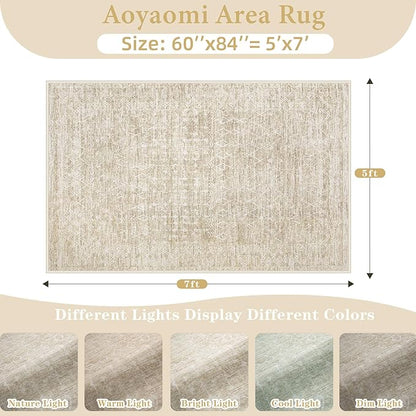 Area Rug Living Room Rugs 5x7 - Large Soft Boho Geometric Rugs, Non-Slip Foldable Washable Area Rug Non Shedding Morden Indoor Floor Carpet for Living Bedroom Office Dining Room(Moroccan Beige, 5'x7')