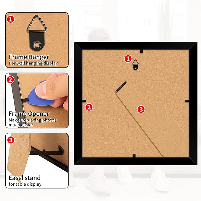 8x8 Picture Frame, Black Photo Frame for Tabletop or Wall Display, Display Pictures 4x4 with Mat or 8x8 Without, Frame Collage with HD Plexiglass for Wall Gallery Decor, 2 Pack with Gadget