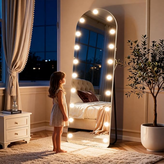 63"×20" Arched Hollywood Full Length Mirror, Standing/Leaning/Hanging Full Body Mirror with 19 Surrounding Lighted Bulbs, Floor Mirror with 3-Mode LED Lights for Bedroom and Living Room