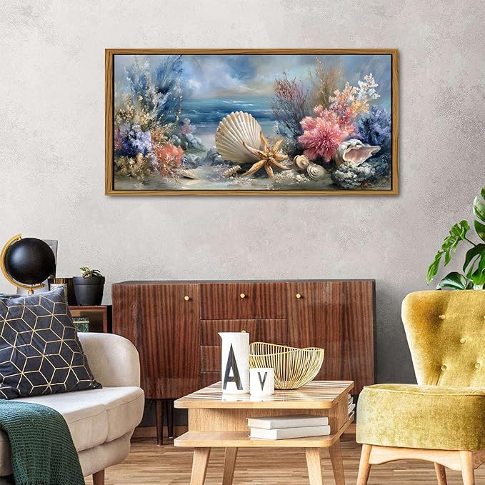 Framed Beach Seashell Bathroom Wall Art Coastal Starfish Pictures Wall Decor Modern Seascape Home Decor Blue Ocean Landscape Painting Prints Nautical Artwork for Bedroom Living Room Decoration 24x48