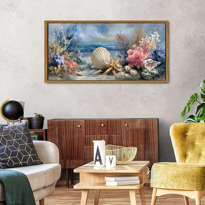 Framed Beach Seashell Bathroom Wall Art Coastal Starfish Pictures Wall Decor Modern Seascape Home Decor Blue Ocean Landscape Painting Prints Nautical Artwork for Bedroom Living Room Decoration 24x48