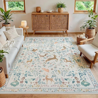 6x9 Area Rugs Washable Rug: Lagre Boho Living Room Rug Soft Non-Slip Thin Carpet Indoor Floor Non-Shedding Neutral Floral Carpets for Bedroom Dining Room Farmhouse Nursery Cream Gray