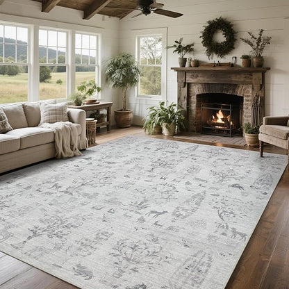 Srugn Washable Rugs 8x10 Area Rugs for Living Room,Bedroom,Dining Room- Large Ultra Soft Faux Wool Retro Carpet,Non Slip&Non-Shedding Low Pile Vintage Rug for Home Office Dorm Playroom-Tree Gray