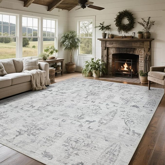 Srugn Washable Rugs 8x10 Area Rugs for Living Room,Bedroom,Dining Room- Large Ultra Soft Faux Wool Retro Carpet,Non Slip&Non-Shedding Low Pile Vintage Rug for Home Office Dorm Playroom-Tree Gray