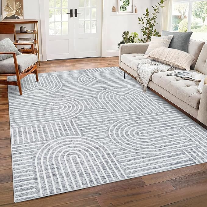 ROYHOME Washable Rug 5x7 Area Rugs for Living Room, Abstract Rug for Bedroom, Soft Rainbow Non Slip Throw Rugs with Rubber Back, Low Pile Stain Resistant Boho Geometric Carpet for Dining Room, Ash