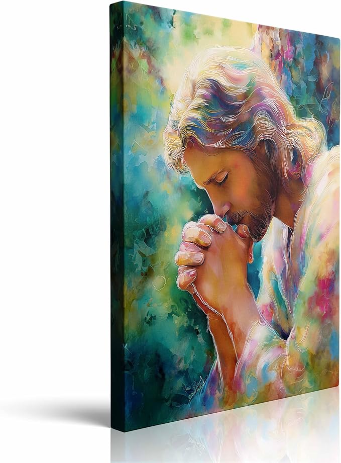 Praying Jesus Canvas Wall Art Colorful abstract Christianity Painting Picture Wall Decor religious Poster Print Artwork for Prayer Room Living Room 16x24 Inches