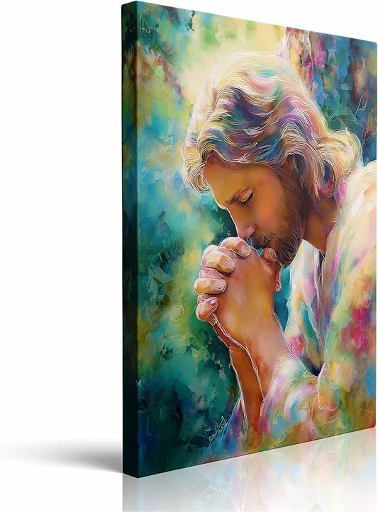 Praying Jesus Canvas Wall Art Colorful abstract Christianity Painting Picture Wall Decor religious Poster Print Artwork for Prayer Room Living Room 16x24 Inches