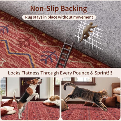 SERISSA 3x5 Area Rugs for Living Room, Washable Non-Slip Red Ochre Small Boho Rug, Soft Low-Pile Geometric Indoor Throw Carpet for Bedroom Kitchen Dining Room Office