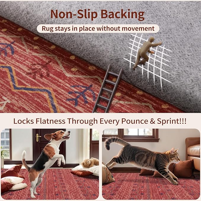 SERISSA 8x10 Area Rugs for Living Room, Washable Non-Slip Red Ochre Boho Rug, Soft Low-Pile Geometric Indoor Large Carpet for Dining Room Bedroom Home Office Playroom