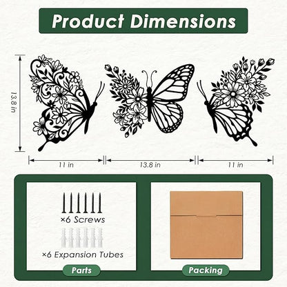 Sanwarm 3 Pieces Metal Wall Decor, Butterfly Floral Boho Metal Wall Art Flower Black Hanging Decoration for Home Bathroom Living Room Bedroom Garden Office Housewarming Gifts