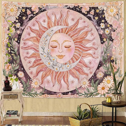 Neasow Sun Moon Daisy Tapestry, Boho Aesthetic Floral Wall Art, Pink Hippie Decor for Living Room Bedroom Home, 60x80 inches