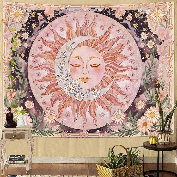 Neasow Sun Moon Daisy Tapestry, Boho Aesthetic Floral Wall Art, Pink Hippie Decor for Living Room Bedroom Home, 68x90 inches