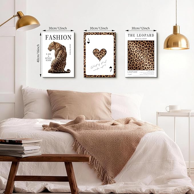 WENGTIAO Trendy Cheetah Canvas Wall Art Prints 3Pcs Fashion Leopard Wall Decor Lucky Ace Card Paintings Preppy Aesthetic Pictures Posters for Living Room Bedroom Study 12x16x3 inch