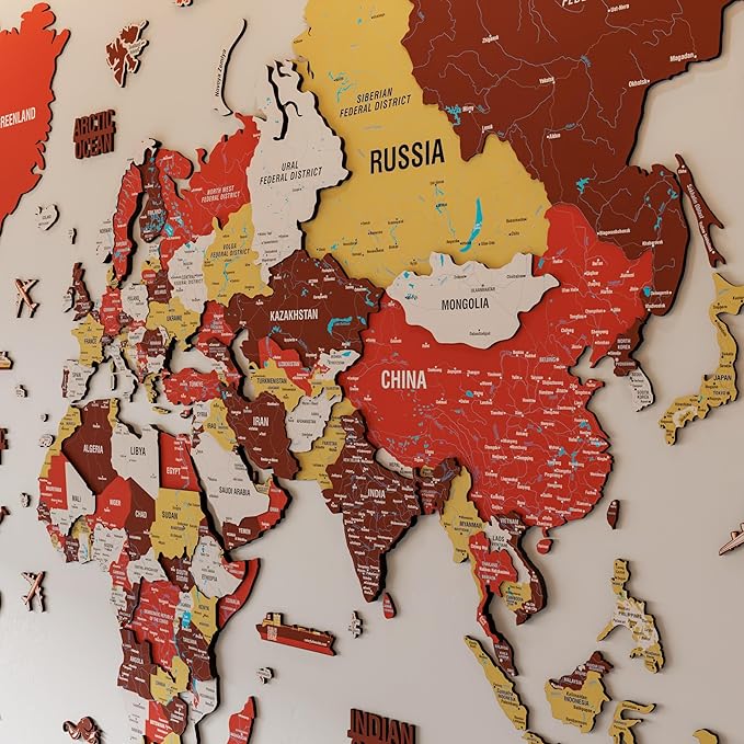 Colorfull Worlds 3D Wooden World Map Wall Art - Premium Multicolored World Travel Map for Wall Decor with Push Pins- Ideal Housewarming Gift & Travel Tracker (XXLarge, Terracota)