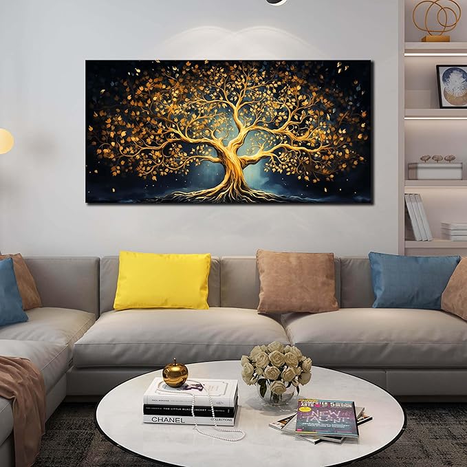 Ouzzlie Gold Picture Wall Decor for Bedroom Tree Canvas Art Black Wall Art for Office Dining Room Large Print Living Room 24"x 48"