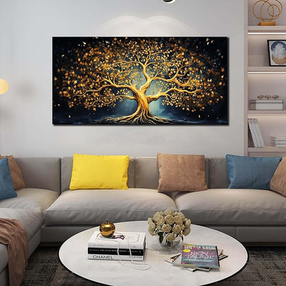 Ouzzlie Gold Picture Wall Decor for Bedroom Tree Canvas Art Black Wall Art for Office Dining Room Large Print Living Room 24"x 48"