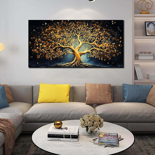 Ouzzlie Gold Picture Wall Decor for Bedroom Tree Canvas Art Black Wall Art for Office Dining Room Large Print Living Room 24"x 48"