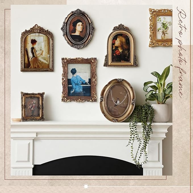 Wonderjune Vintage Picture Frames Set with Glass Front Antique Gold Gallery Wall Frame for 4x6, 5x7 Baroque for Home Decor Photography Props Gifts, Wall or Tabletop(7 Pcs,Rococo)