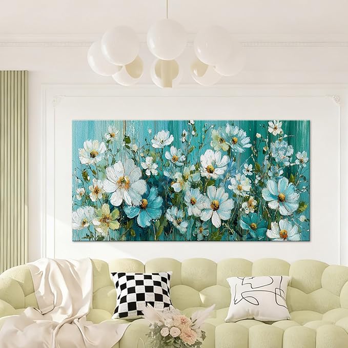 BQVCT White Daisy Floral Wall Art 20x40 Inch Large Gallery Wrapped Canvas Print Turquoise Blue Botanical Painting on Textured Background Ready to Hang for Living Room Bedroom Office Decor