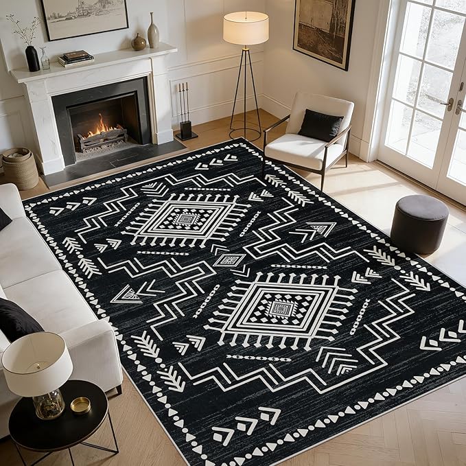 Joydeco Moroccan Black and White Washable 6x9 Living Room Area Rug, Non-Slip Western Stain Resistant Dining Room Rugs for Under Table, Geometric Aztec Print Modern Carpet for Bedroom Office