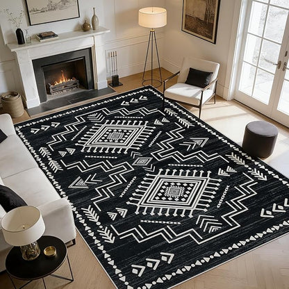 Joydeco Moroccan Black and White Washable 6x9 Living Room Area Rug, Non-Slip Western Stain Resistant Dining Room Rugs for Under Table, Geometric Aztec Print Modern Carpet for Bedroom Office