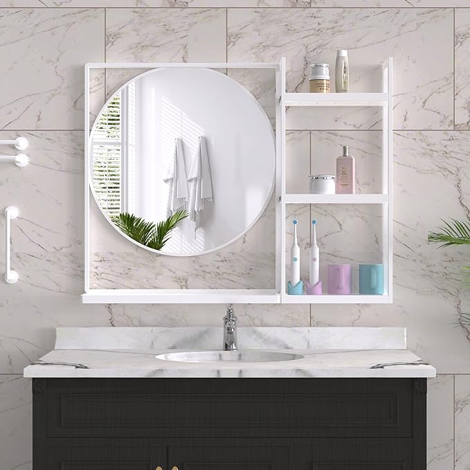 White Metal Framed Bathroom Mirror with Shelf, 31" X 24.4" Rectangular Wall Mounted Bathroom Vanity Mirror, Modern Bathroom Mirror with Storage for Over Sink, Entryway