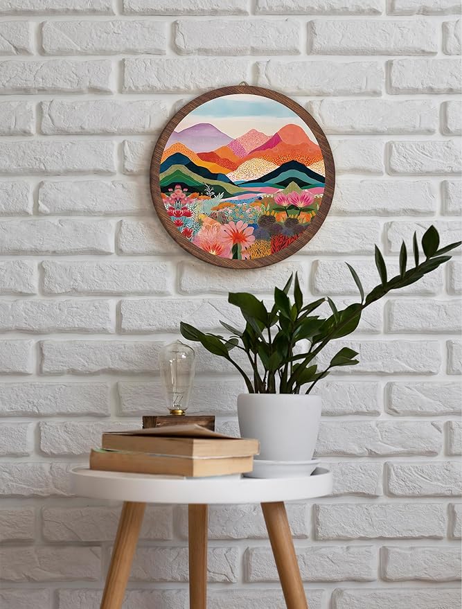 Boho Colorful Landscape Hanging Wall Decor, Abstract Mountain Round Wooden Wall Art, Nature Floral Western Boho Decorations for Aesthetic Apartment Home Living Room Bedroom Bathroom Kitchen Office, 16