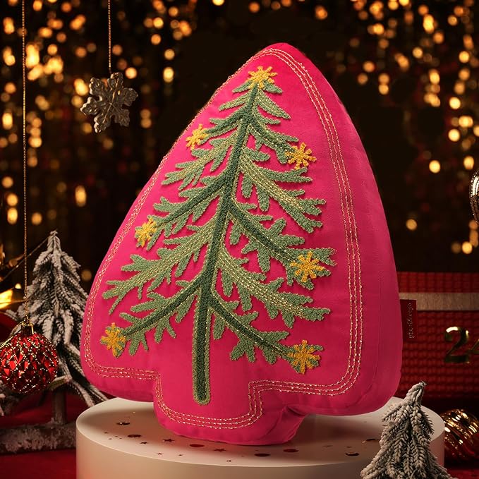 Phantoscope Merry Christmas Tree Decorative Throw Pillow, Velvet Beads Embroidery 3D Shaped Cushion, Suitable for Sofas, Living Rooms, and Beds, Red, 18 x 14 in