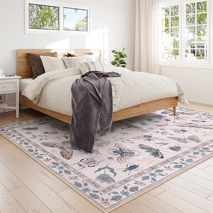 Lahome Insect Print Washable Rugs for Living Room, Soft 6x9 Pink Rug for Bedroom Ultra-Thin Non Slip, Stain Resistant Large Carpet for Dining Room Nursery Classroom Vionnet(6'x9',Pink)